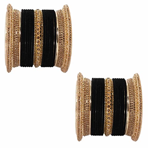 Image of NMII Non-Precious Metal with Base Metal and Studded with Zircon Gemstone Glossy Finished Traditional Velvet Bangle Chuda set for Women and Girls