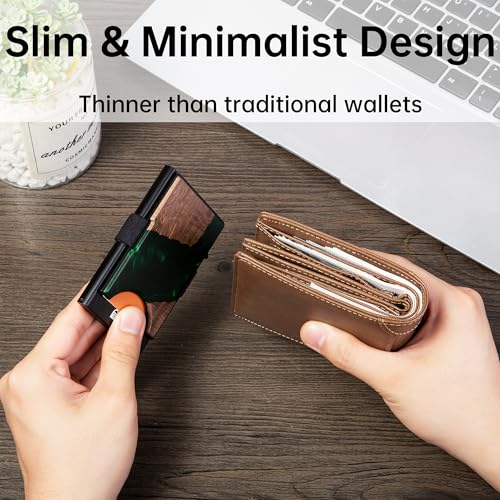 Image of Slim Card Holder Wallet for Men, Minimalist RFID Blocking Pop Up Wallet, Smart Metal Business Card Case Holds 12 Cards, Ultra-Thin Front Pocket Wallet, Gifts for Men