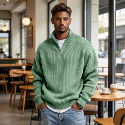 Men's Corduroy Shirt Mock Neck Quarter Zip Ribbed Fall Tops Sweat Shirt | Long Sleeve Tshirt, Vintage, Warm, Ribbed, Comfortable, Vacation, Holiday, Office, Casual Outings, Fall Outfits for Men — view 6