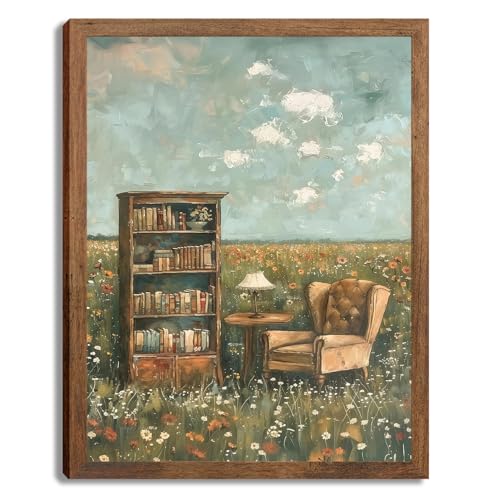 vintage Whimsical french Wall Art cottage core decor Prints Impressionist flower Canvas Oil Paintings Wall Decor book lover Pictures Wall Decor for Bedroom Living Room Home Decor 10x8in Wood Framed