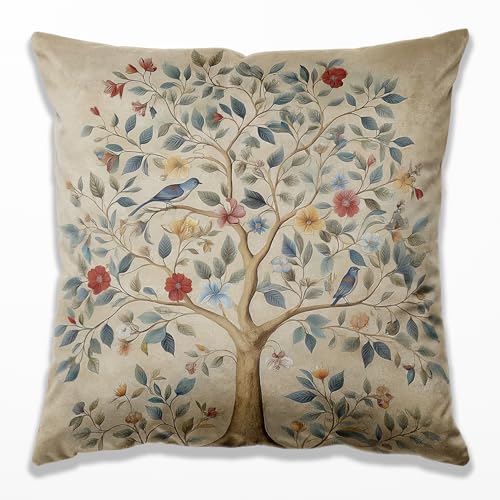 DOFQZ Boho Tree of Life Pillow Covers 18x18, Tree of Life Home Decor, Minimalist Floral Botanical Bird Throw Pillow Covers for Home Living Room Bedroom