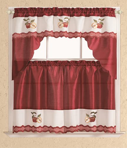All American Collection Modern Contemporary 3pc Embroidered Home Kitchen Window Treatment Curtain Set (Swag Valance, Red Apples)