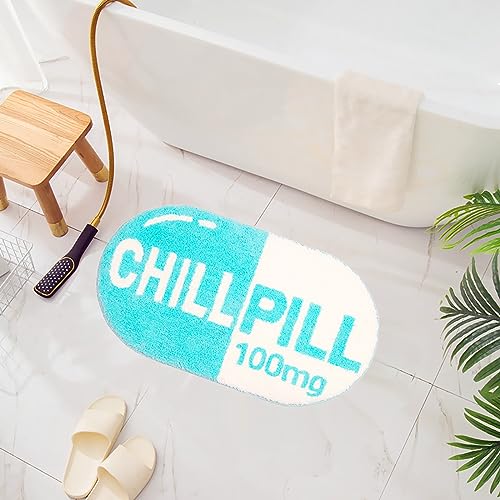 UKELER ELER Cute Chill Pill Bathroom Rug Blue Absorbent Non Slip Washable Soft Shaggy Shower Rug 27.5"×15.5"