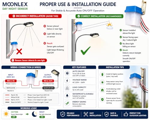 Image of Moonlex Automatic Day Night Sensor Switch 220V AC | LDR Photocell Sensor | 6A Load | Waterproof Outdoor Light Controller for Street Light, Home & Garden Lighting