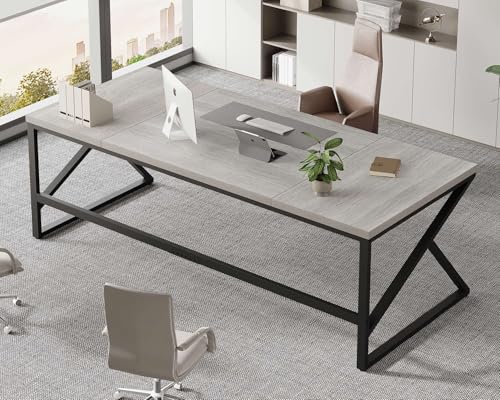 Image of HSH 78 Inch Long Home Office Desk, Extra Large Grey Computer Desk for 2 Person, Industrial Wooden and Metal Executive Work Writing Study Gaming Desk Table, Modern Bedroom PC Laptop Desk Double Desk