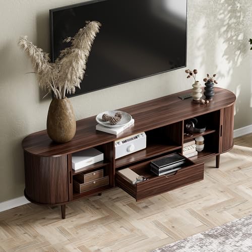 Image of DHH 71 inch Fluted TV Stand with Power Outlet for TVs up to 80 inch, TV Console with Adjustable Shelves and Sliding Door,Mid Century Modern Entertainment Center for Living Room,Bedroom (Walnut)