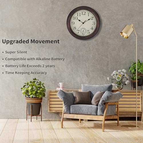 Image of Foxtop Indoor Outdoor Waterproof Wall Clock with Thermometer, 12 Inch Retro Silent Non-Ticking Battery Operated Quartz Round Outdoor Clocks for Patio Pool Bathroom Porch (Bronze)
