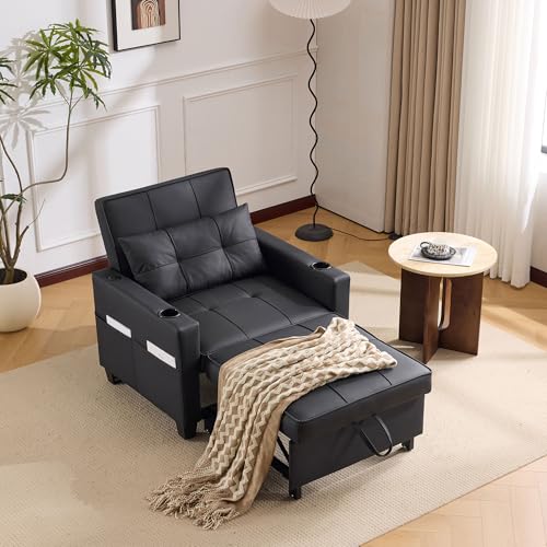 HaoChrymec Sofá Individual 3-en-1 con Madera y Metal, Sofá-Cama Extensible con Portavasos y Puerto USB, Sillón Reclinable, para Salón y Dormitorio, Negro, 74x87x84cm