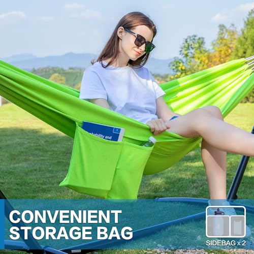Image of PNAEUT Double Hammocks with Stand for Outside, Portable Space Saving Heavy-Duty Steel Stand for Indoor Outdoor Patio with Carrying Bag, 450 lbs Capacity (Green)