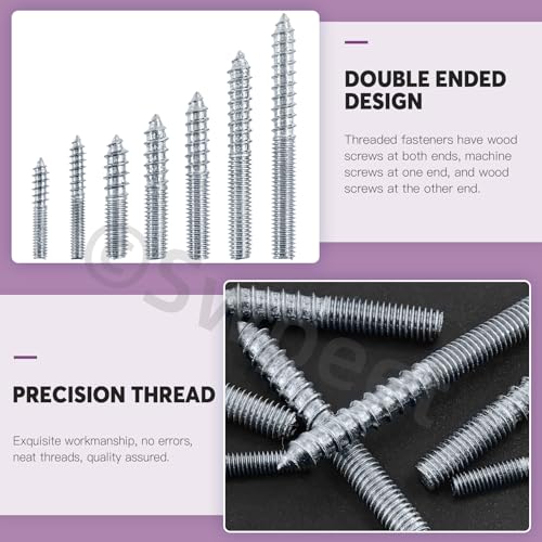 Image of Swpeet 120Pcs 7 Sizes M4 M6 Zinc Hanger Bolts Assortment Kit, Double Headed Bolts, Self-Tapping Screw Hanger Bolts, Dowel Screw Bolts Threaded Rods Bolt Furniture Screws for Wood Furniture Joint