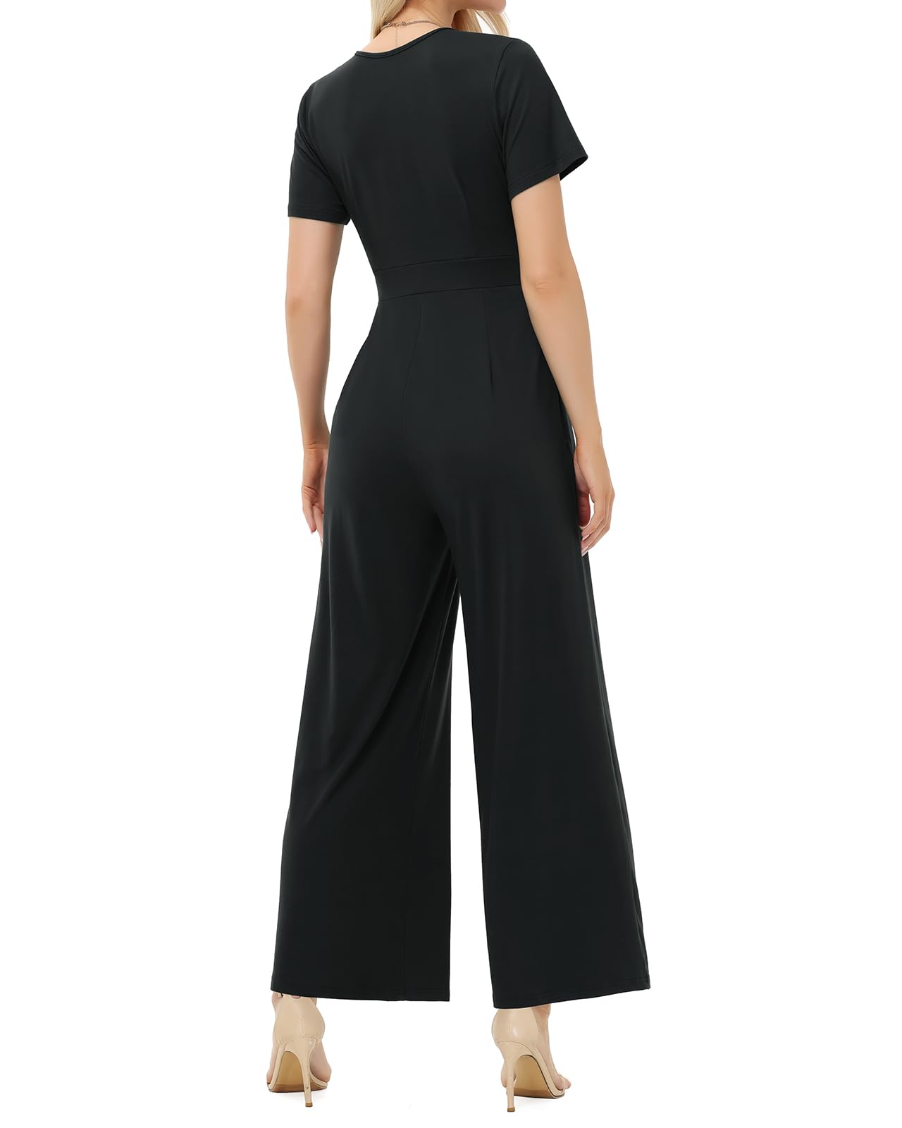 Tanmolo Damen Jumpsuit Elegant Sommer Kurzarm V-Ausschnitt Overall Weites Bein Romper Mit Taschen
