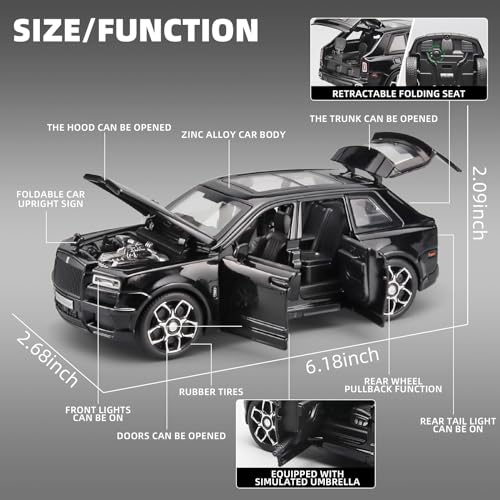 OANMYJJO 1:32 Collectibles Model Car Compatible with Rolls-Royce Cullinan | Die Cast Metal, Pull Back Toy car with Light and Sound, Model Car with Display Case, Gifts for Age 3+ Year Old Boys(Black) - Image 3