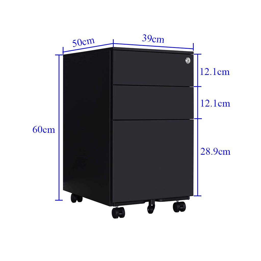 Loywe Cassettiera da Ufficio con Ruote e serratura, inclusi 3 cassetti, Contenitore per ufficio con meccanismo antiribaltamento per A4 Documenti e Cancelleria 39 x 50 x 60 cm Nero LWB020-S