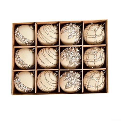 Bolas para árbol de Navidad de 6 cm, decoraciones de terciopelo flocado con efecto de lentejuelas de diamante, juego de 12 adornos colgantes en rojo vino, caqui, beige, verde (beige)