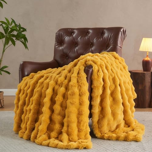 Lotus Karen Faux Fur Throw Blanket Ginger Yellow - Big Bubble Rabbit Fluff Blanket for Couch Bed Sofa,Softest Fluffy Fuzzy Cozy Blanket,Thick Furry Plush Shaggy Warm Blankets for Women,60x80 Inches