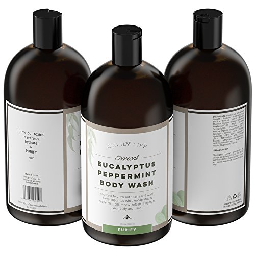 Calily Life Organic Detoxifying Charcoal + Eucalyptus + Peppermint Face and Body Wash, 33. 8 Oz. – Powerful Cleansing and Refreshing + Therapeutic, Invigorating & Relaxing [ENHANCED]