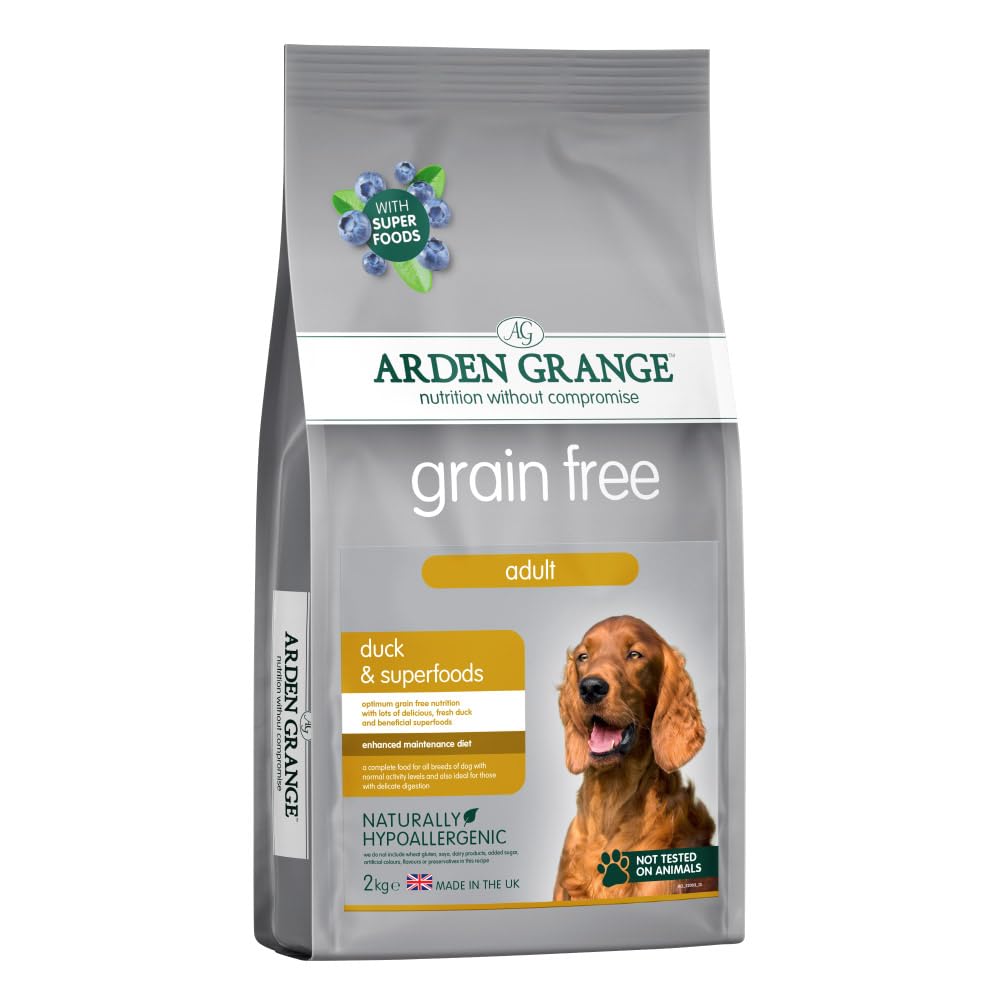 Arden Grange Grain Free Adult Duck & Superfoods Dry Dog Food 2 kg - 43% Duck with Sweet Potato - Hypoallergenic Recipe with Prebiotics, Joint Support and Omega Oils - Made in England