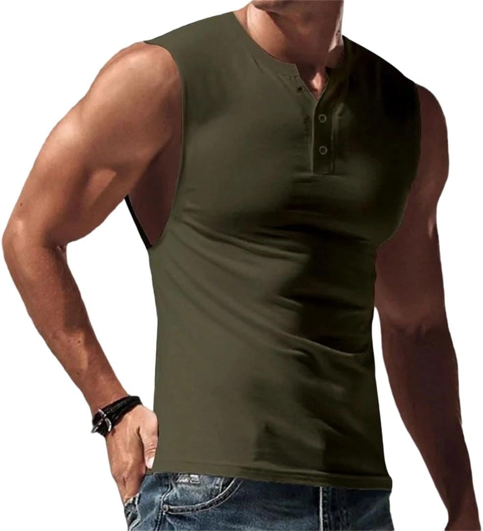 Men Tank Tops V Neck Button Sleeveless Loose Fit Gym Running Fitness Vest