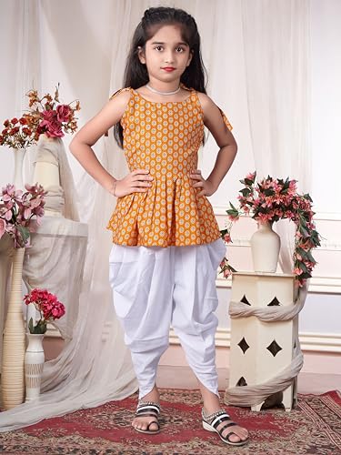 Image of Girls Ethnic Printed Peplum Top and White Dhoti Pant Set | Stylish Sleeveless Kurti with Comfortable Bottom | Traditional Festive Outfit for Kids