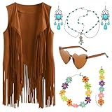 Pluvyze Hippie Kostüm Damen Fransenweste Damen Hippie Kleidung 70er Klamotten Mit Tiaras, Ohrringe, Halsketten, Armbänder, Sonnenbrillen Ideal für Fasching Und Mottopartys
