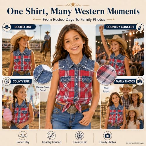 Image of Bienzoe Western Plaid Girls Shirt: Sleeveless Button Down