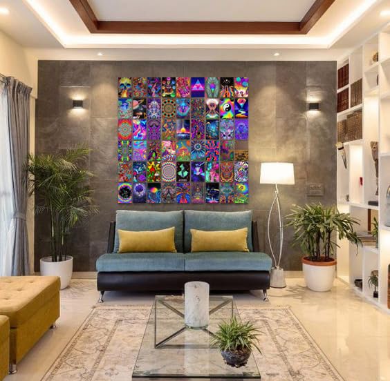Image of Pack of 54 Psychedelic Wall Collage Kit Posters - 4 x 6 Inches Wall Decor Poster - Wall Art For Bedroom, Living room, Office - 1 Tissue Tape