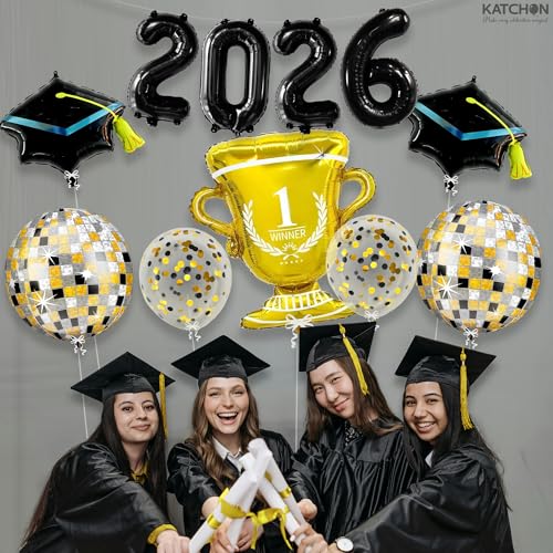 Image of KatchOn, Graduation Balloons - Pack of 11 | Black and Gold Graduation Decorations 2026 | 2026 Graduation Party Decorations