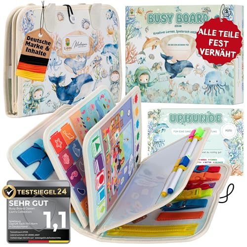 Lion’s Collection Montessori Busy Board Deutsch ab 3 Jahre – Busy Book & Activity Board für Kinder – Motorikbuch & Lernbuch – Reisespielzeug für Auto, Zug & Flugzeug