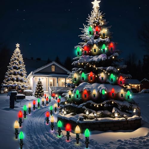 Image of C9 Red White and Green Christmas Lights Outdoor, 25Ft Vintage Christmas String Lights with 26 Multicolor Ceramic Bulbs, Hanging Christmas Decorations Lights Waterproof for Holidays Roofline Party