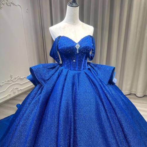TRHTX Lurex Quinceanera Dresses with Train Puffy Off Shoulder Layered Sweet 16 Dresses Sparkly Beaded Long Ball Gown3