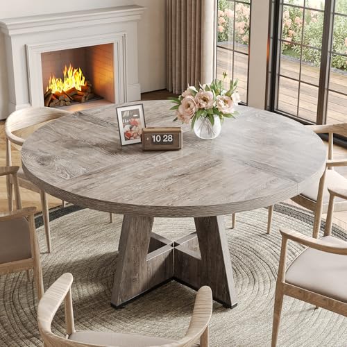 Image of LITTLE TREE Round Dining Table for 4-6 People, 47 Inches Dining Room Table with Wooden Pedestal Base, Grey Dinner Tables, Circle Kitchen Tables for Dining Room, Kitchen, Living Room(Table Only)