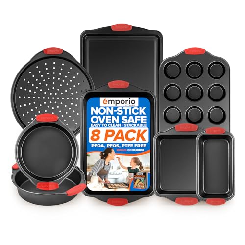 Emporio Kitchen Baking Pan Set – Nonstick Carbon Steel Bakeware Set with Red Silicone Handles – Set of 8