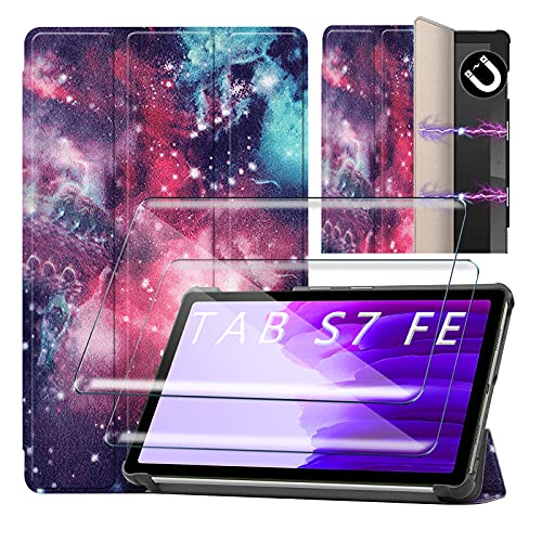 HYMY Hülle + 2 Pcs Schutzfolie Panzerglas für Samsung Galaxy Tab S7 FE hülle 12.4" - Flip Case Cover Schutzhülle Schutzfolie Samsung Galaxy Tab S7 FE panzerglasX