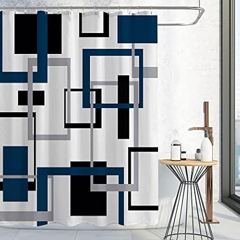 Gibelle Navy Blue Shower Curtain, Mid Century Modern Geometric Shower Curtain Set, Abstract Navy Black Grey Square White Backdrop Waterproof Fabric Shower Curtain for Bathroom Decor, 72 x 72 Cover