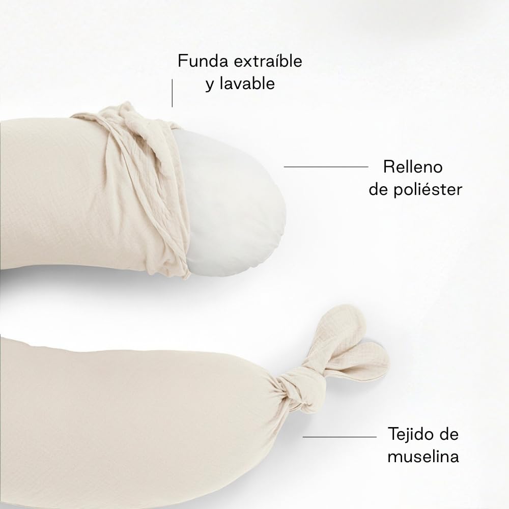 Jané Cojín de Lactancia XXL y Embarazo, Almohada para Dormir y Descanso, Funda 100% Algodón Muselina, Beige