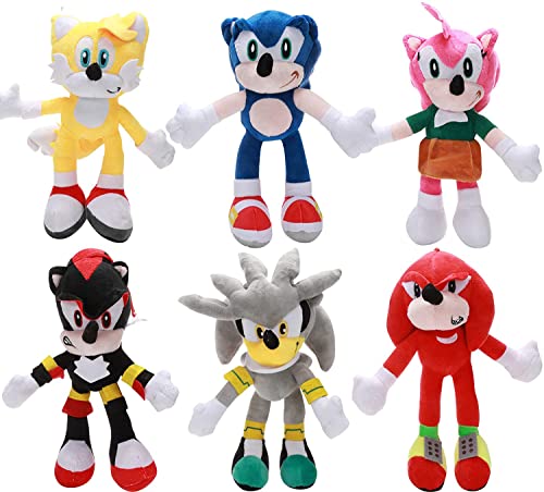 Crasoldiers Super Sonic Plush Toys 11in Sonic Stuffed Animals Set Suction Pad Classic Sonic Characters Plush Movie Sonic Action Figures Hedgehog Tails Knuckles Shadow Tomy Amy Plush Doll Boys (6pcs)