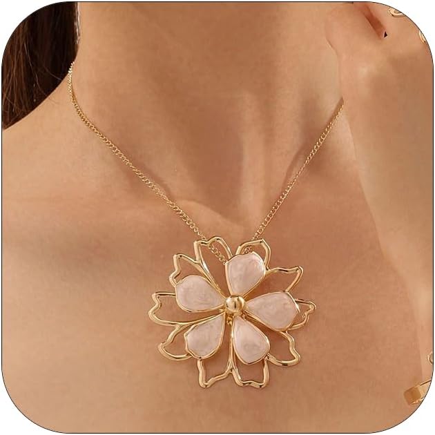 Large Flower Blossom Petal Outline Pendant Necklace For Women Statement Elegant Adjustable Delicate Chain Gold Color White Iridescent