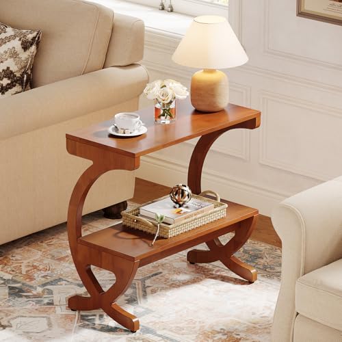 Image of Tribesigns 2PCS Solid Wood End Table, Narrow 2-Tier Side Table with Storage Shelf, Mid Century Accent Bedside Table with Curved Crossed Legs for Living Room, Bedroom, Small Spaces, Walnut Color
