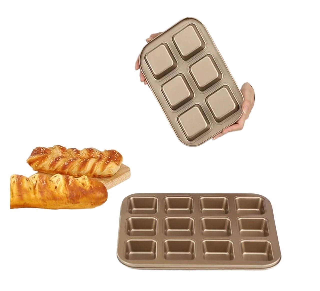Moule à muffins carré antiadhésif à 12 cavités, multi-usages, résistant à la corrosion(2pcs LS gold)