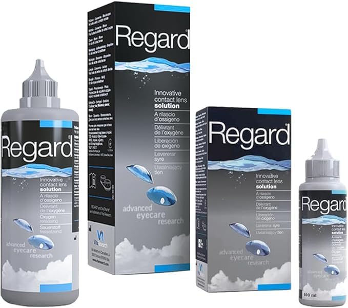 Regard 355ml + 100ml Flasche - Reiseset - Lösung zum Reinigen, Desinfizieren und Befeuchten von Kontaktlinsen - Ohne Konservierungsstoffe in den Augen - Sauerstoffbasierte Reinigung