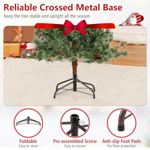 Image of Goplus 6 FT Pre-Lit Artificial Christmas Tree, Cashmere Xmas Tree with 370 Pine Needles, 200 Warm White LED Lights with Bulb Cover, Natural Pine Cones, Foldable Metal Stand, Home Office Decoration