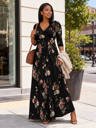 Image of SUZONANA Plus Size Dresses for Women Floral Print Maxi Dress Flowy 3 /4 Sleeve with Belt