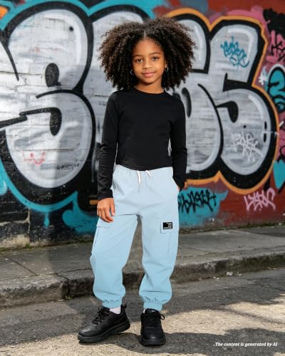 Image of Betusline Girls Fall Winter Clothing Sets, Long Sleeve Crop Top & Cargo Jogger Pants 2 Piece Outfit Sets,4T-14Y