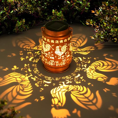 Solar Lanterns Outdoor Garden Decor,Chicken Gifts for Women, Mom, Grandma, Birthday, Thanksgiving, Decorative Waterproof Hanging Metal LED Light for Yard, Patio, Lawn, Landscape, Backyard (Rooster)