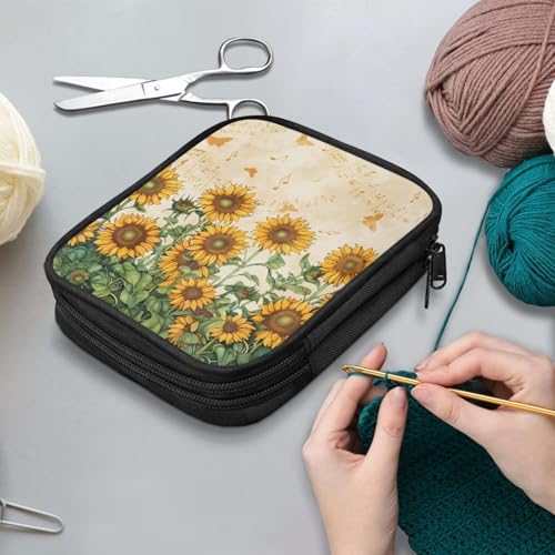 Image of Sunflower Crochet Hook Case Portable Knitting Needle Storage with Web Pockets Crochet Storage Organizer for Swing Hooks, Lighted Hooks, Needles and Accessories