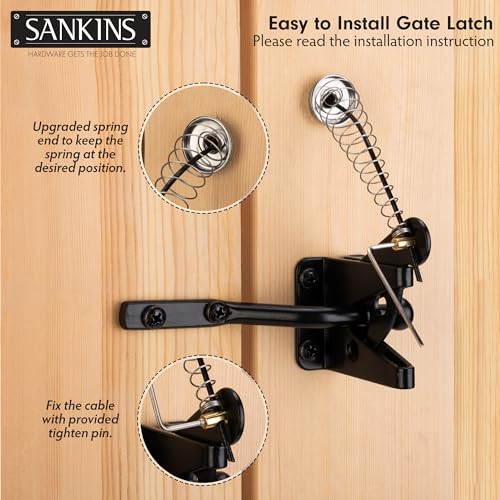 Image of Self-Locking Gate Latch with Spring Cable Pull for Wooden Fence Gate Heavy Duty, Post Mount Automatic Gravity Lever Gate Fence Door Latches for Wooden Fence Secure Pool Garden Shed, Black