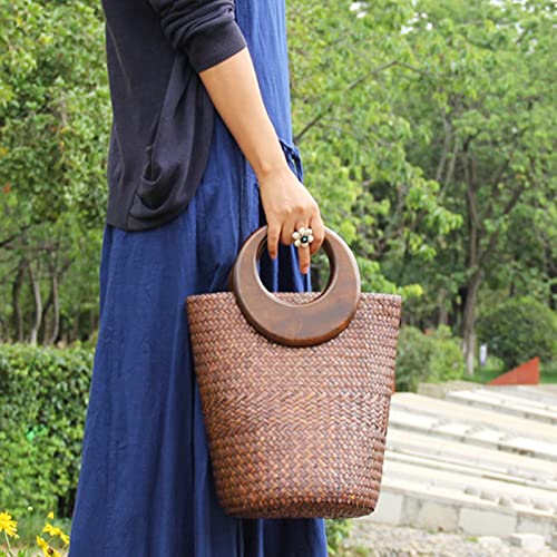 Bolso de playa de rattan tejido con asa de madera miniatura 2