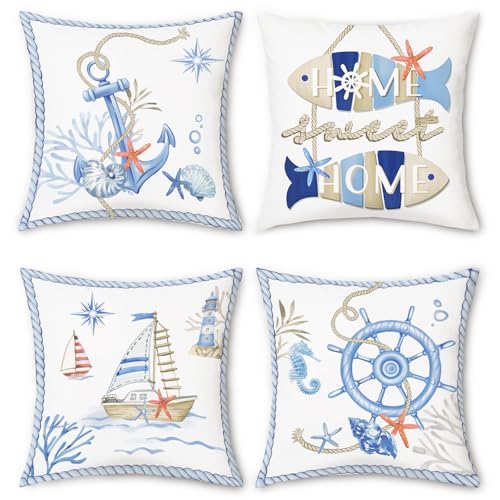 Bonhause Nautical Coastal Cushion Covers 45 x 45 cm Anchor Helm Boat Starfish Coral Maritime Decorative Throw Pillow Covers for Sofa Couch Bed Home Patio Summer Decor Set of 4