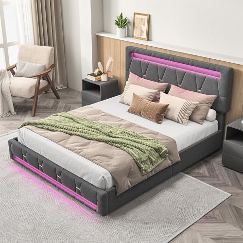 Hoscullo Polsterbett 140x200 cm mit 4 Schubladen,Jugendbett mit LED und Stauraum, Verstellbarem Kopfteil, Modern Doppelbett, Stauraumbett, Funktionsbett, Schlafzimmer Bett, Grau, Leinen – Bild 8