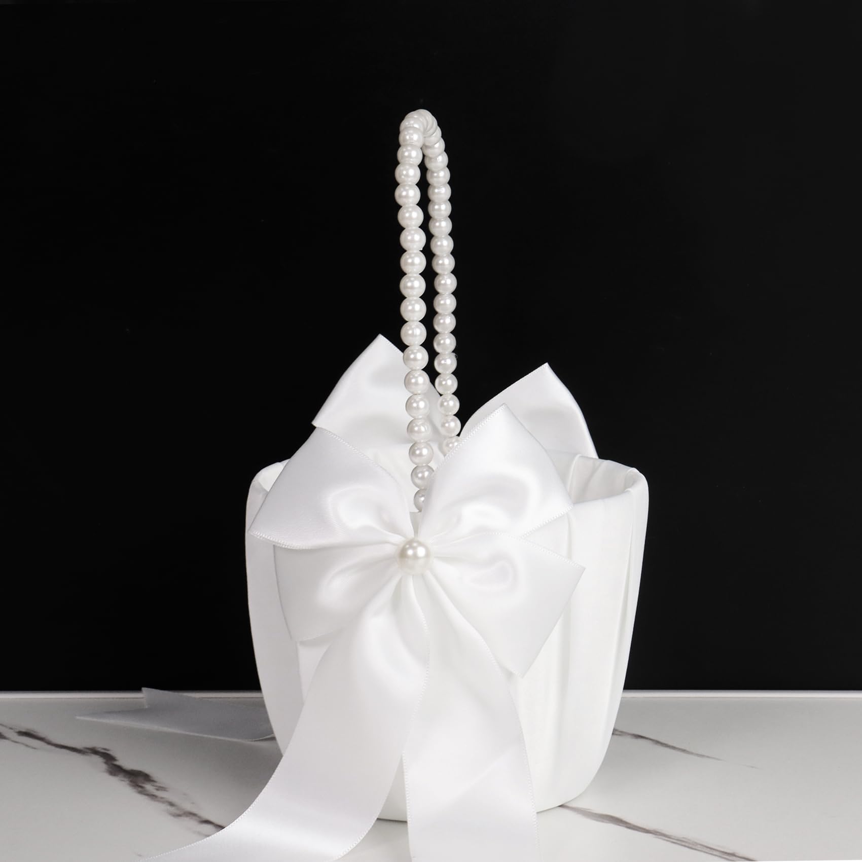 Flower Girl Baskets for Weddings, White Flower Basket with Pearl Handle for Flower Girls - Image 3
